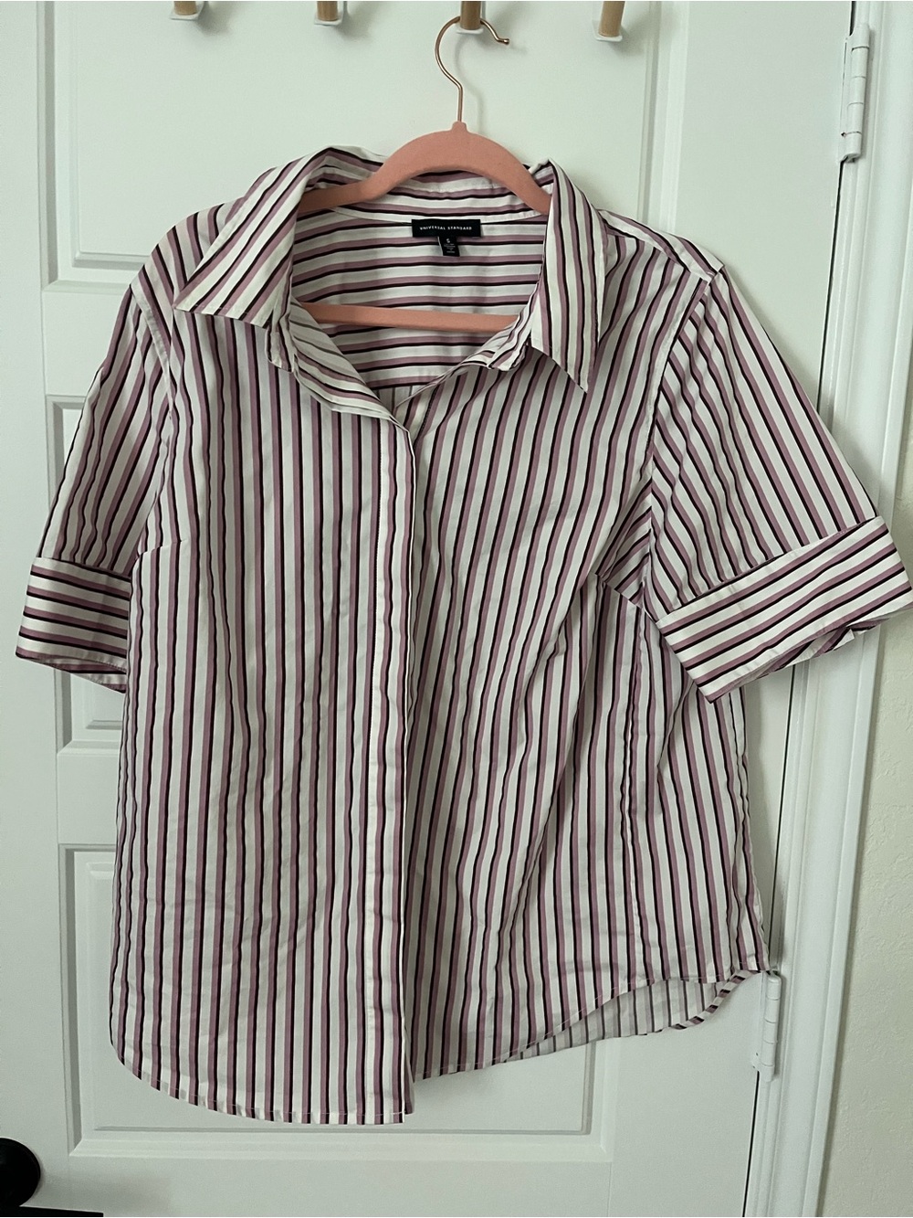 Universal Standard - Elbe Stretch Poplin Short Sleeve Shirt - Small 14/16 Stripe